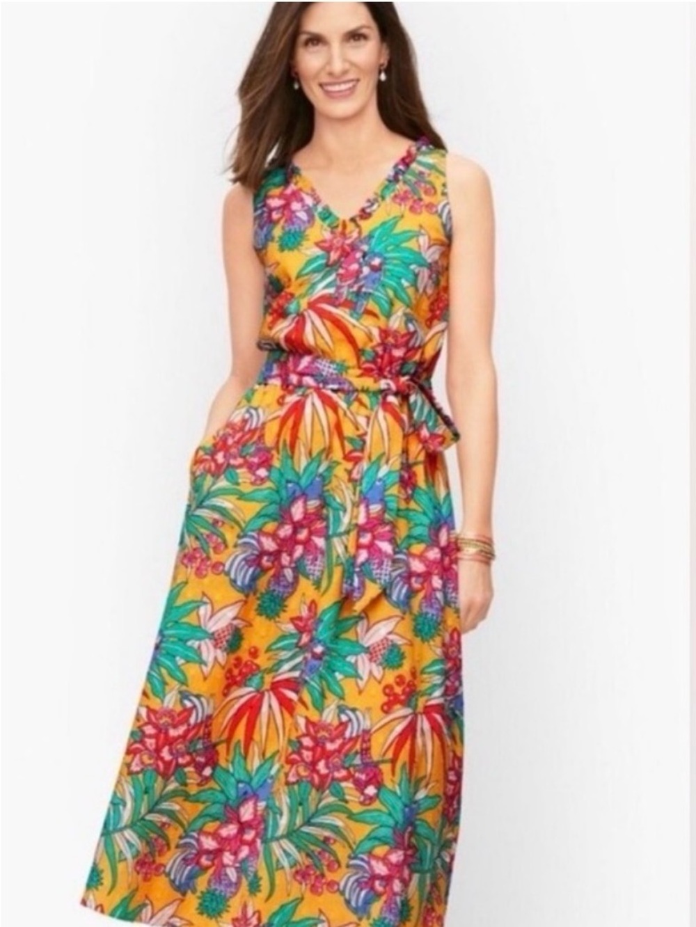 Talbots Yellow Tropical Floral Sleeveless Midi Dress